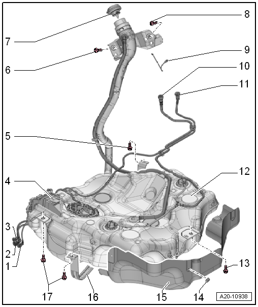 Assembly overview - fuel tank, vehicles with multi-link rear suspension