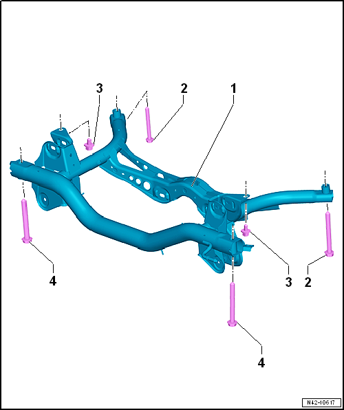 Assembly overview - subframe, multi-link suspension, front-wheel drive, except for e-Golf