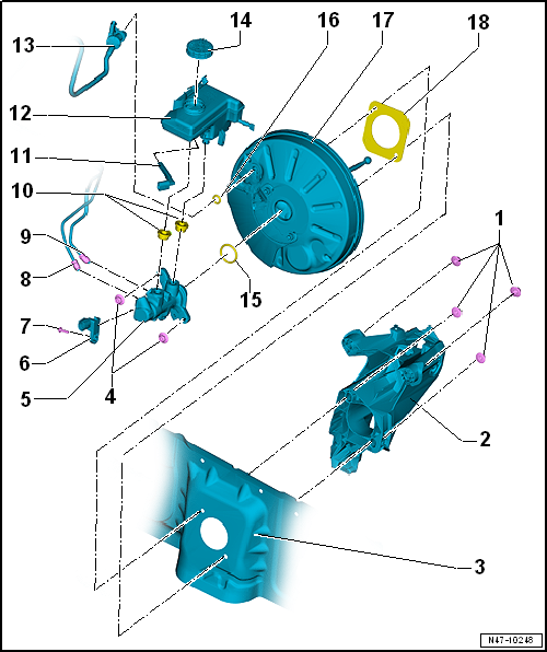 Assembly overview - brake servo/brake master cylinder, LHD vehicles