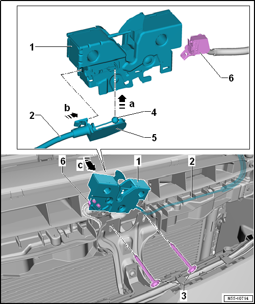 Removing and installing bonnet lock, LHD vehicle
