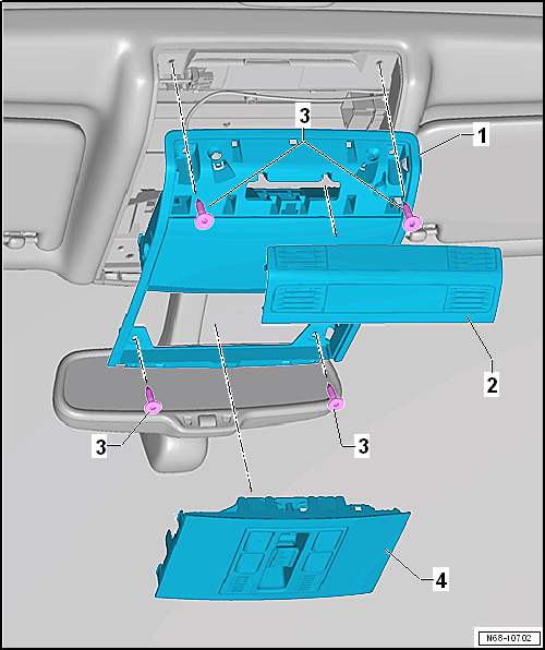 Assembly overview - storage compartment in roof headliner