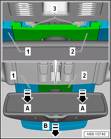 Removing and installing automatic anti-dazzle interior mirror, with rain and light sensor -G397- and front camera for driver assist systems -R242-