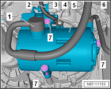 Removing air conditioner compressor from and installing to bracket, Golf GTE